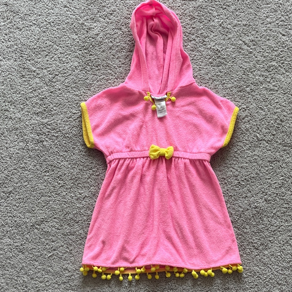Vibrant Pink Hooded Dress with Yellow Details
